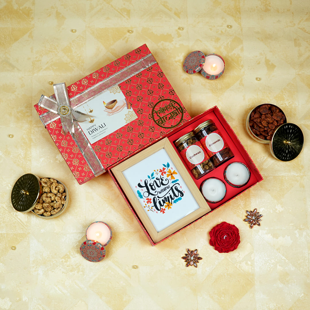 Unique Diwali Gifts for Clients | Wooden Photo Frame & Candle Box Giftana